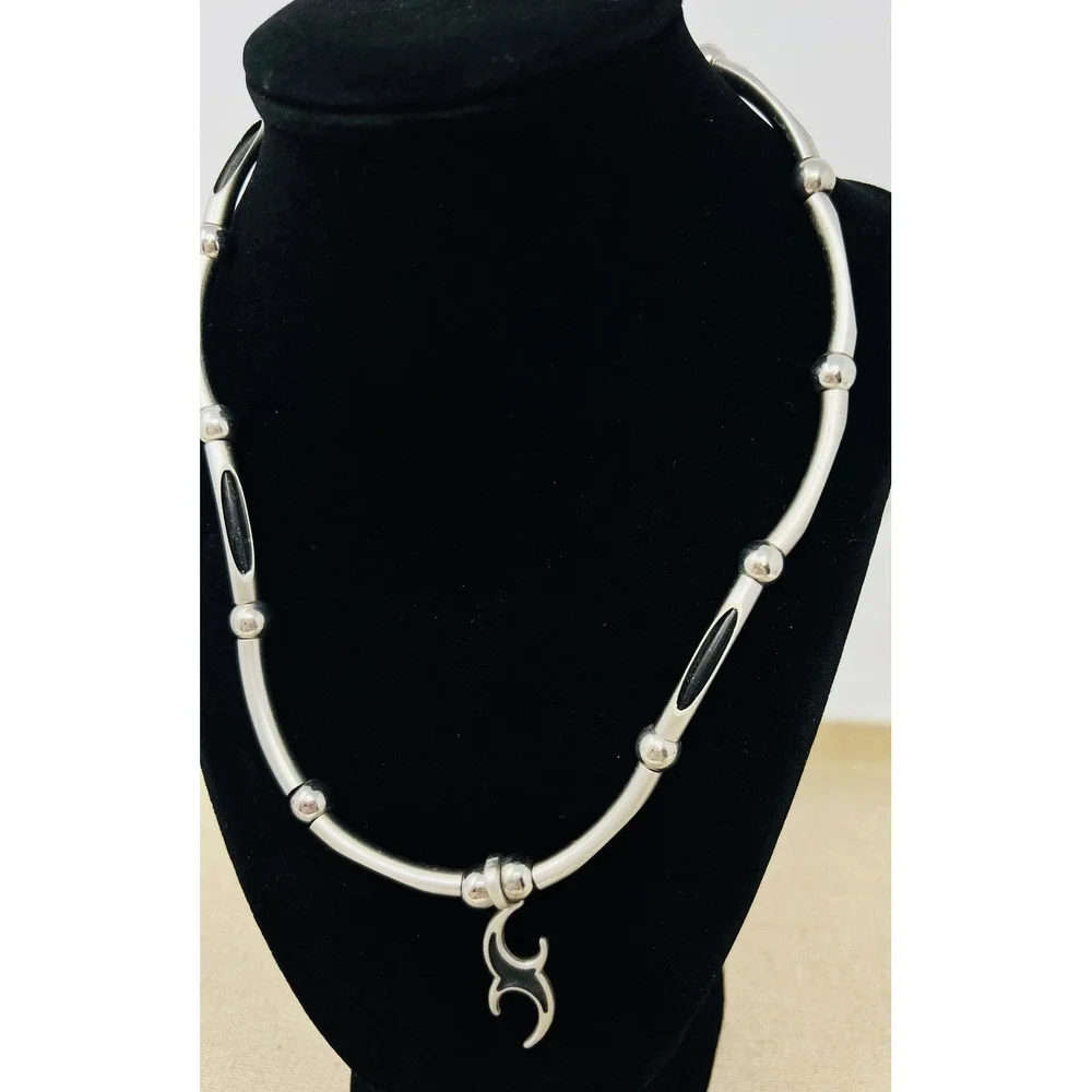 Y2K Mens Tribal Flame Pendant Necklace Silver Tone Bar Link Choker Biker Grunge
